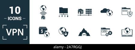 Vpn icon set. Include creative elements , archiving, site security, home server, cloud storage hacking icons. Can be used for report, presentation Stock Vector