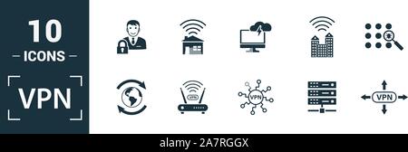 Vpn icon set. Include creative elements , archiving, site security, home server, cloud storage hacking icons. Can be used for report, presentation Stock Vector