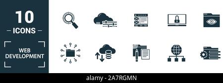 Web Development icon set. Include creative elements key search, seo, cloud storage, cloud management, network connection icons. Can be used for report Stock Vector