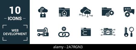 Web Development icon set. Include creative elements key search, seo, cloud storage, cloud management, network connection icons. Can be used for report Stock Vector