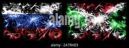 Russia, Russian vs Burundi, Burundian New Year celebration sparkling fireworks flags concept background. Combination of two states flags. Stock Photo