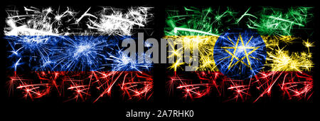 Russia, Russian vs Ethiopia, Ethiopian New Year celebration sparkling fireworks flags concept background. Combination of two states flags. Stock Photo
