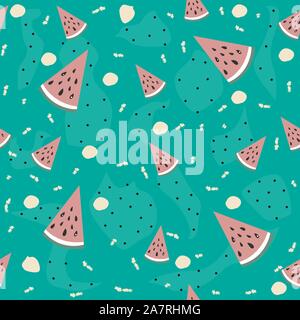 Seamless Pattern with watermelons on teal background. Vector Illustration Stock Vector