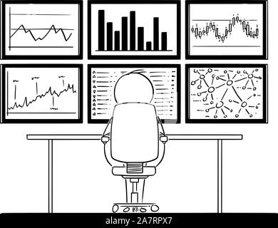 Vector cartoon stick figure drawing conceptual illustration of man or businessman sitting in front of six computer monitors mounted on wall, and analyzing graphs and market data. Stock Vector