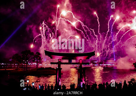 Orlando, Florida. November 01, 2019. Japanese arch and spectacular fireworks at night background in Epcot (87). Stock Photo