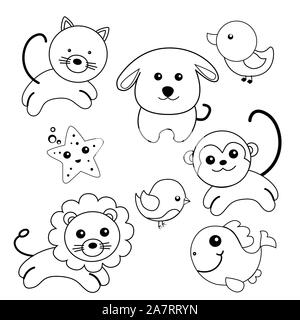 animals. Different funny animals: cat, dog, monkey, lion, duck, chick, starfish. Stock Vector