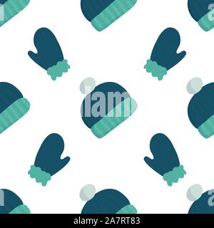 Cartoon pattern with wool winter green hat on white backdrop for wallpaper design, wrapping paper, fabric, textile. Seamless vector background. Stock Vector