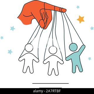 Vector illustration of a hand with figures of dolls on the ropes. Concept of Manipulation, control, management. Election technology, cheating voters. Stock Vector