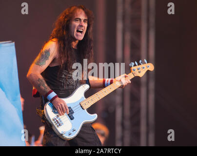 Concert with Iron Maiden. Stephen Percy Harris (born 12 March 1956) is an English musician, songwriter, bassist, occasional keyboardist, backing vocalist, primary songwriter and founder of the British heavy metal band Iron Maiden.Photo Jeppe Gustafsson Stock Photo