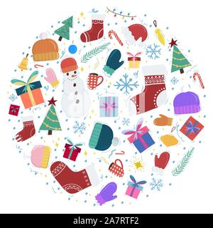 Flat greeting card template with christmas circle concept. Snowman, gift boxes, hat and mitten, Vector banner, poster set. Stock Vector