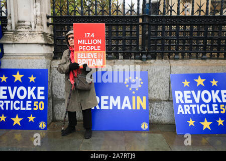 London, UK. 4 November 2019 A Pro and Anti Brexit protester demonstrates outside Parliament on a rainy day in London. Political parties have begun campaigning ahead of the general election on 12 December. amer ghazzal /Alamy live News Stock Photo