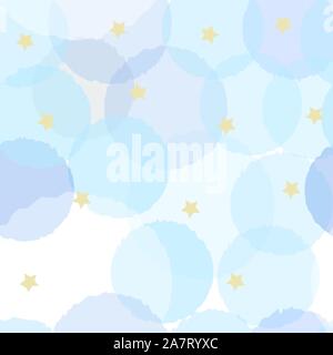 Seamless pattern with funny subtle transparent balls and yellow stars on blue background. Vector Illustration Stock Vector