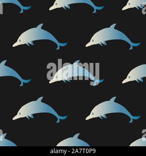 Seamless Pattern with blue dolphins on dark background. Vector Illustration. Stock Vector