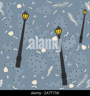 Cute seamless pattern with street lantern on blue background. Vector Illustration Stock Vector
