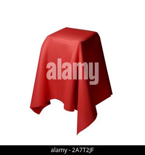 Realistic drapery fabric 3d. Box covered with red silk cloth isolated on white background. Box of tricks and magic. Table for exhibition objects. Vect Stock Vector