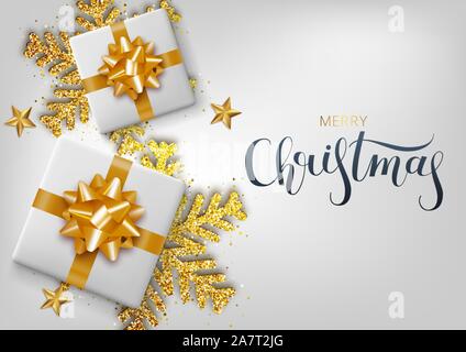 Greeting card, invitation with happy New year 2020. Hand written lettering. Metallic gold Christmas snowflake and gift box on a white background. Vect Stock Vector