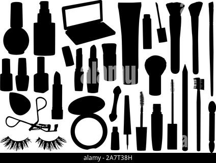 Beauty make up products and tools black vector silhouettes Stock Vector