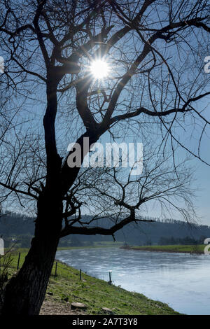 Weser River near Oberweser, Upper Weser Valley,  Weser Uplands, Weserbergland, Hesse, Germany Stock Photo