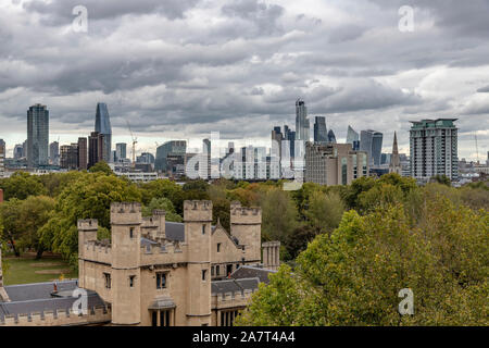 London cityscape, Lambeth Palace in the foreground. Taken from the tower at the Garden Museum in Lambeth. Showing the Cheesegrater and Walkie Talkie. Stock Photo