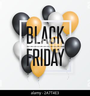 Black Friday poster or banner with shiny balloons. Banner, poster on red background. Vector illustration EPS10 Stock Vector