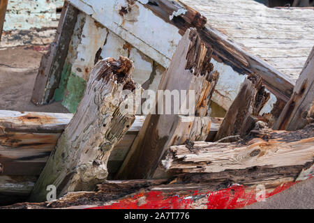 Close up of rotting wood on an old shipwreck at Crow Point in North Devon, UK Stock Photo