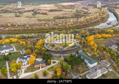 Aerial view of Baturin Castle with the Seym River in Chernihiv Oblast of Ukraine. Beautiful autumn landscape. Stock Photo