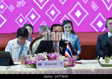 (191104) -- BANGKOK, Nov. 4, 2019 (Xinhua) -- Thai Prime Minister Prayut Chan-o-cha attends the 7th ASEAN-U.S. Summit in Bangkok, Thailand, Nov. 4, 2019. (Xinhua/Rachen Sageamsak) Stock Photo