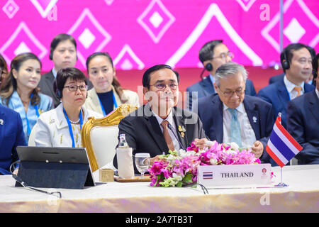 (191104) -- BANGKOK, Nov. 4, 2019 (Xinhua) -- Thai Prime Minister Prayut Chan-o-cha (front) attends the 3rd Regional Comprehensive Economic Partnership (RCEP) Summit in Bangkok, Thailand, Nov. 4, 2019. (Xinhua/Zhu Wei) Stock Photo