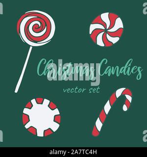 Vector hand drawn doodle illustration of sweet candies. Set of candy cane, lollipop, twisted caramels. New Year and Christmas treat. Design element, p Stock Vector
