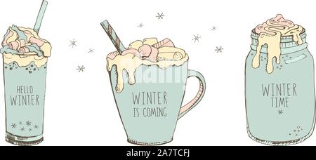 Set of vector hand drawn illustrations in pastel colors isolated on a white background. Christmas cocktails and snowflakes in cartoon style. Hello win Stock Vector