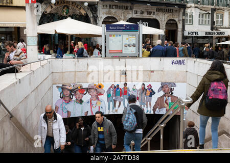 Lisbon, Portugal 17 April 2019: Passengers entering and leaving the subway station at Baixa Chiado in lisbon, Portugal Stock Photo