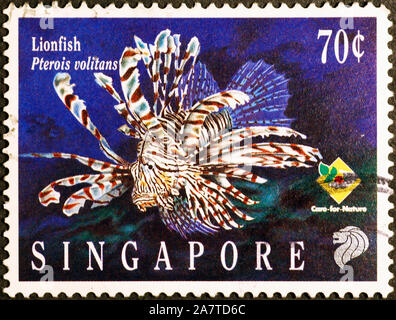 Lionfish on postage stamp of Singapore Stock Photo