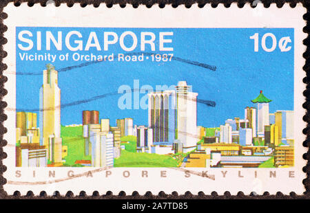 Singapore skyline on postage stamp Stock Photo