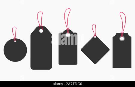 Blank tags or sale shopping labels set with rope isolated on white. Stock Vector