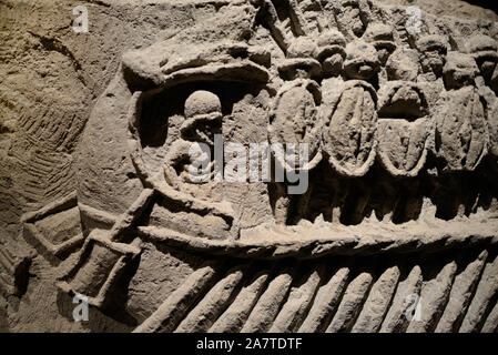 Roman Marble Relief of Roman Battleships or Ships & Roman Soldiers 200-30 BC (Pompeii Italy) Stock Photo