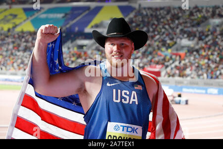 USA's Ryan Crouser celebrates finishing second in the Men's Shot Put Final Stock Photo