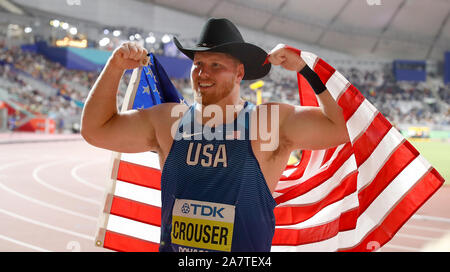 USA's Ryan Crouser celebrates finishing second in the Men's Shot Put Final Stock Photo