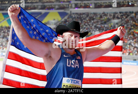 USA's Ryan Crouser celebrates finishing second in the Men's Shot Put Final Stock Photo