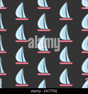 Seamless pattern with sail boats on dark background.Great for wall art design, gift paper, wrapping, fabric, textile, etc. Vector Illustration Stock Vector