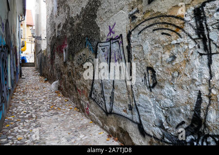 Narrow pedestrian street, with wallpaintings and graffitis, Ljubljana, Slovenia Stock Photo