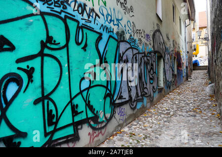 Narrow pedestrian street, with wallpaintings and graffitis, Ljubljana, Slovenia Stock Photo
