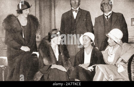 Four famous women pilots, seen here at the Royal Aero Club, 1932.  Dame Mary Bailey, Lady Bailey, 1890 –  1960, née Westenra.  Irish aviator.  Amelia Mary Earhart, 1897 - disappeared July 2, 1937.  American aviation pioneer, author and the first female aviator to fly solo across the Atlantic Ocean. Amy Johnson, 1903 - disappeared 5 January 1941. Pioneering English female pilot who was the first woman to fly solo from London to Australia.  Winifred Evelyn Spooner, 1900 – 1933.  English aviator.  From The Pageant of the Century, published 1934. Stock Photo