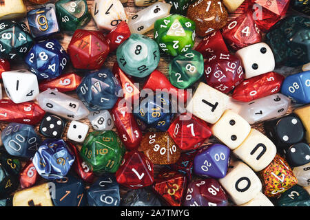 High angle view background with different colorful role playing dices Stock Photo