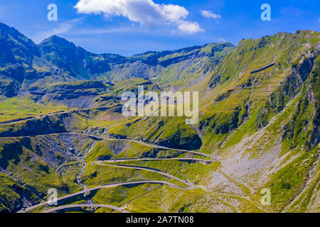 Aerial view of winding road in Romanian Carpathians, summer view of Transfagarasan road in Romania Stock Photo