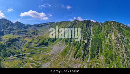 Aerial view of winding road in Romanian Carpathians, summer view of Transfagarasan road in Romania Stock Photo