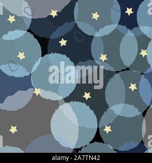 Seamless pattern with funny subtle transparent balls and yellow stars on blue background. Vector Illustration Stock Vector