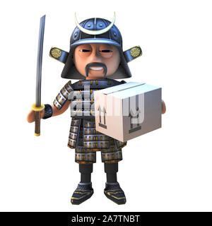 Cartoon 3d Japanese samurai warrior in armour with sword delivering a carboard box parcel, 3d illustration render Stock Photo