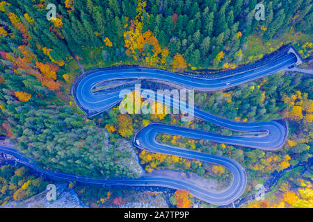Above view of winding road in autumn forest. Bicaz Gorges are a mountain pass between two historic region in Romania.