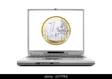 Laptop zeigt eine 1 Euro Münze auf dem Bildschirm Stock Photo