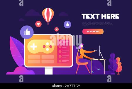 Video game screen and gamer person playing online console controller on computer. Creative design development vector illustration Stock Vector